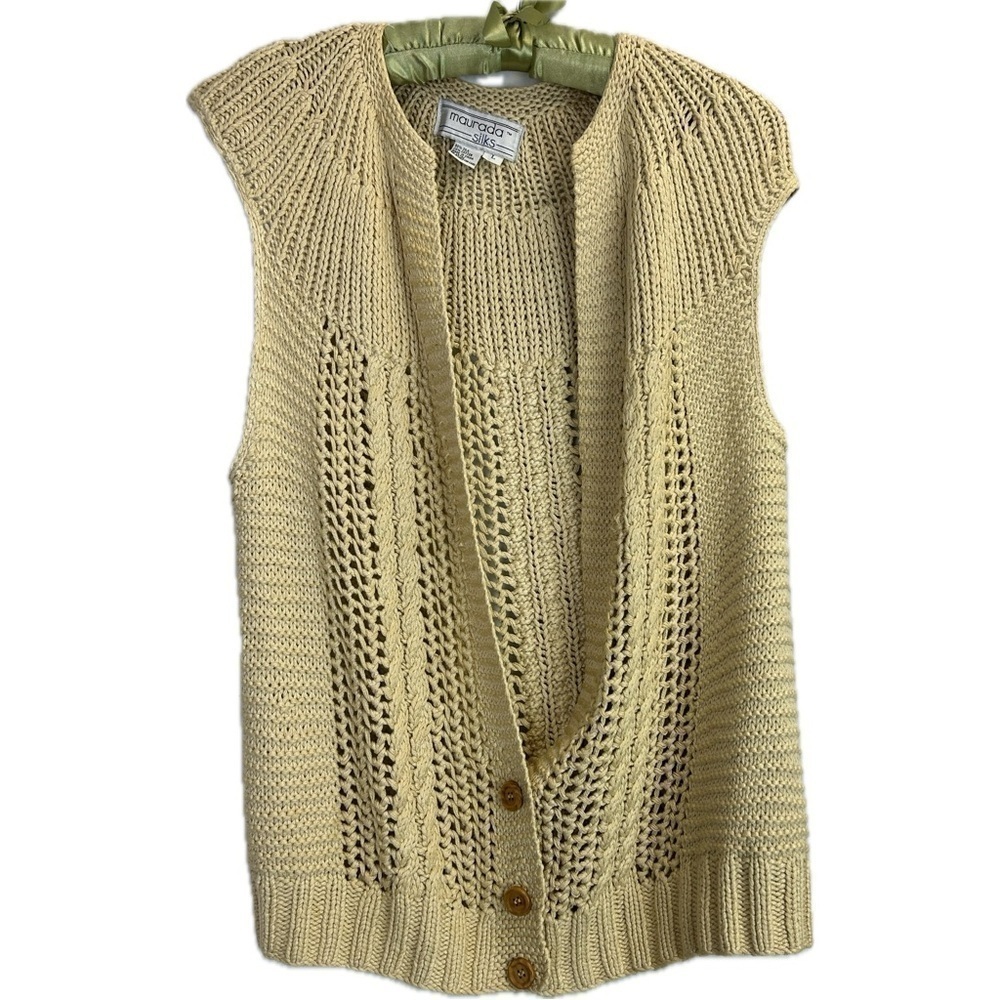 Maurada Silk Blend Beige Knit Boho Coastal Vest Size L